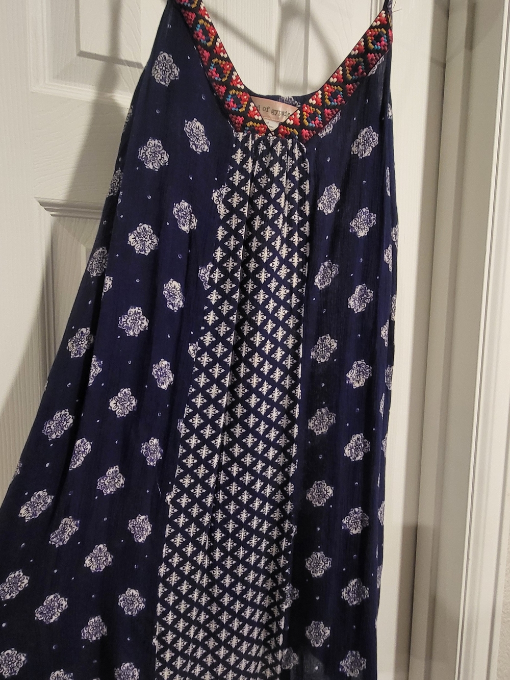 Band of Gypsies Navy and White Printed Maxi Dress with Multicolor Trim